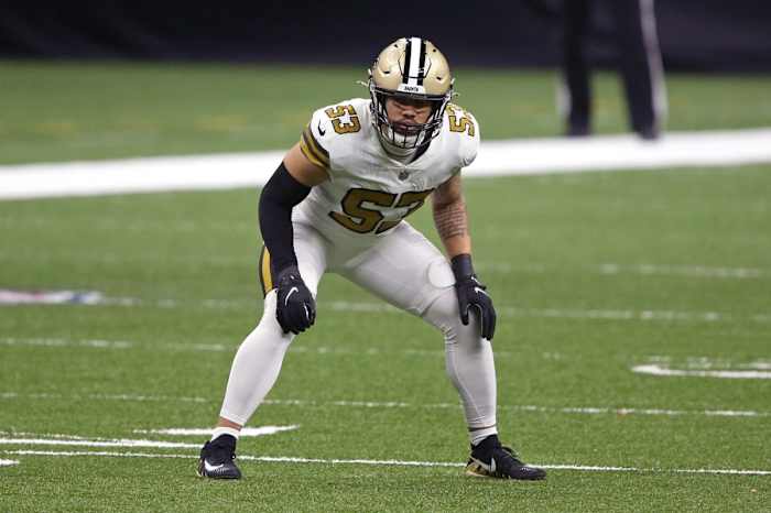 New Orleans Saints linebacker Zack Baun (53) on the kickoff return team. Mandatory Credit: Chuck Cook-USA TODAY